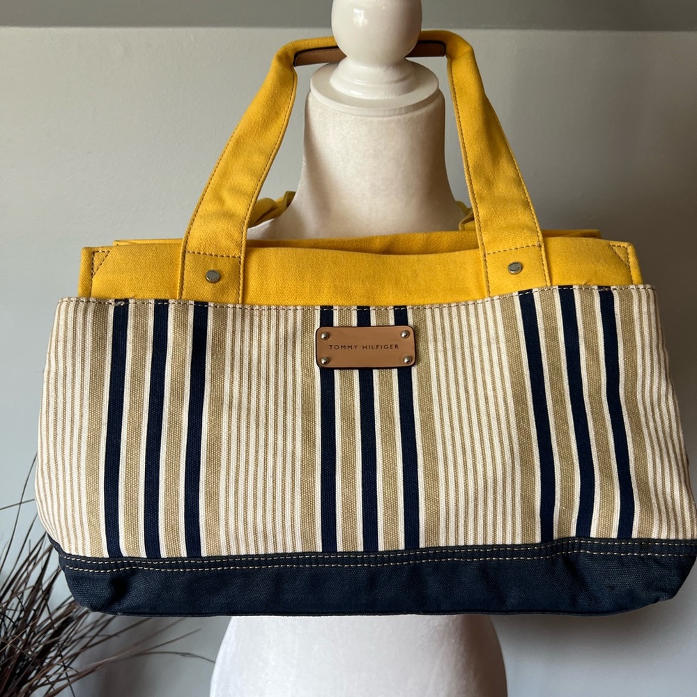 Tommy Hilfiger Yellow, Navy & Cream Striped Canvas Tote